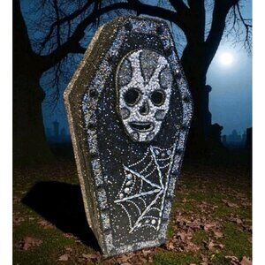 New LRG Black & White Skull Spider Web Halloween Beaded Coffin Box Storage Box